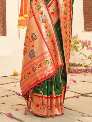 dark green color woven work art silk blend wedding saree 2