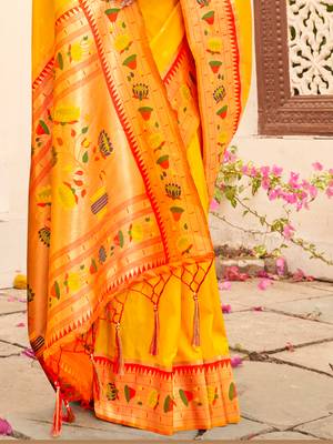 yellow color woven work art silk blend wedding saree 2