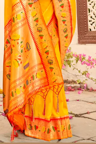 yellow color woven work art silk blend wedding saree