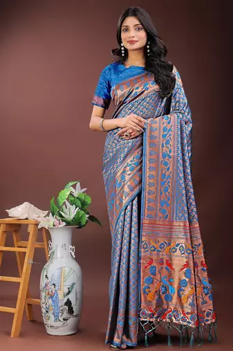 blue color woven work art silk  wedding saree