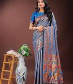 blue color woven work art silk  wedding saree