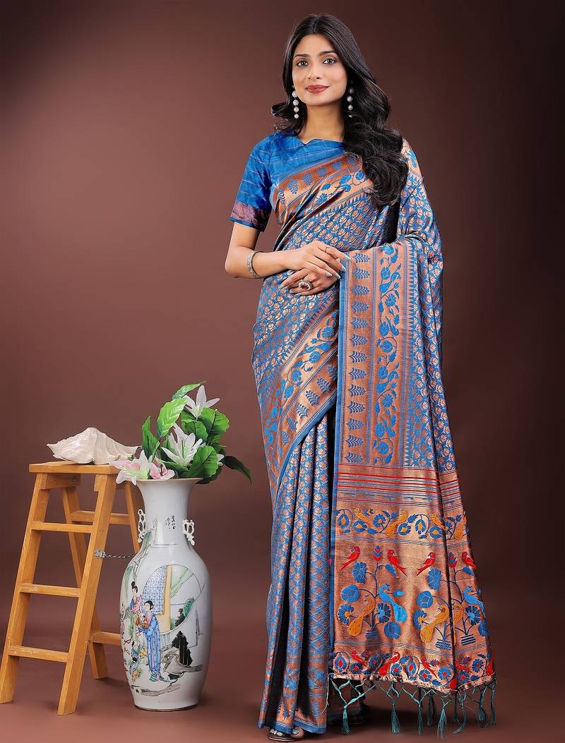 blue color woven work art silk  wedding saree
