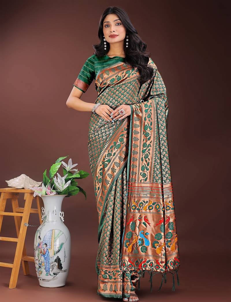 Green color woven work art silk  wedding saree