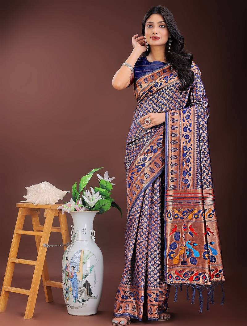 Navy Blue color woven work art silk  wedding saree