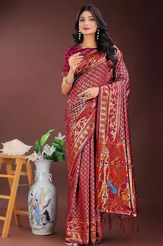 Magenta color woven work art silk  wedding saree