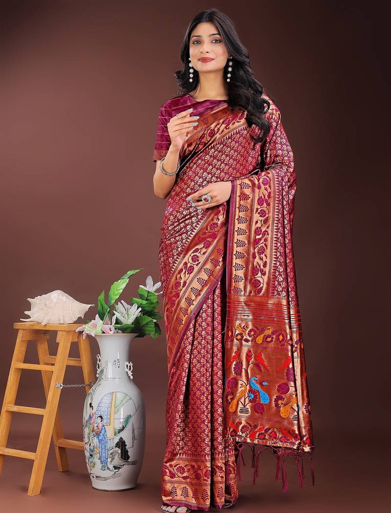Magenta color woven work art silk  wedding saree