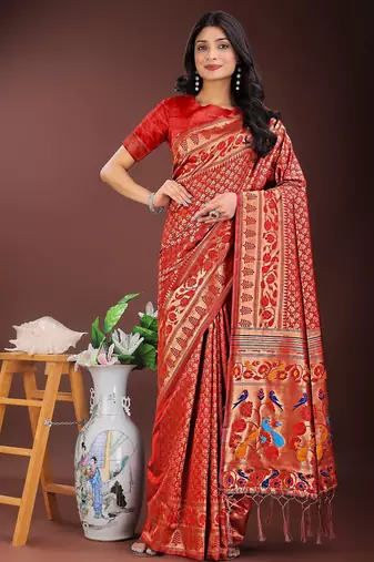 Red color woven work art silk  wedding saree