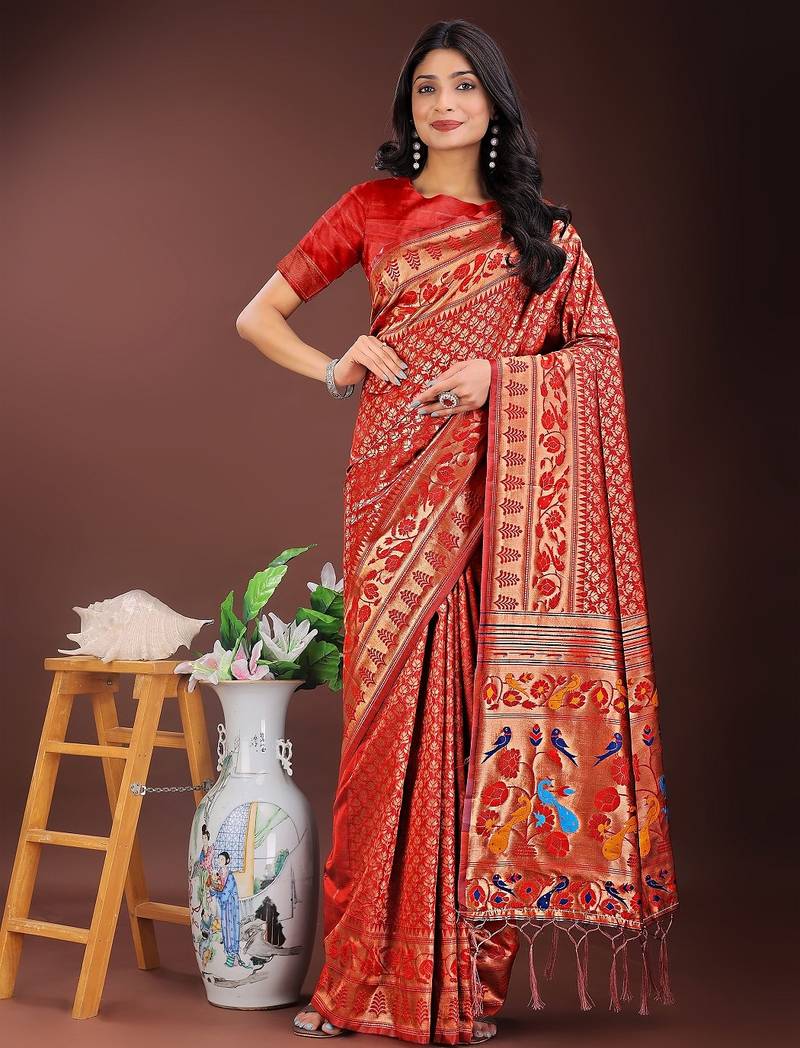 Red color woven work art silk  wedding saree