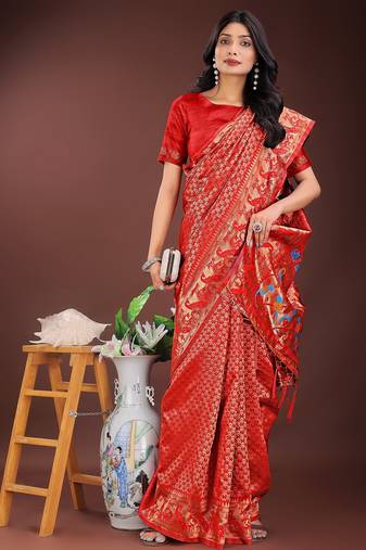 Red color woven work art silk  wedding saree