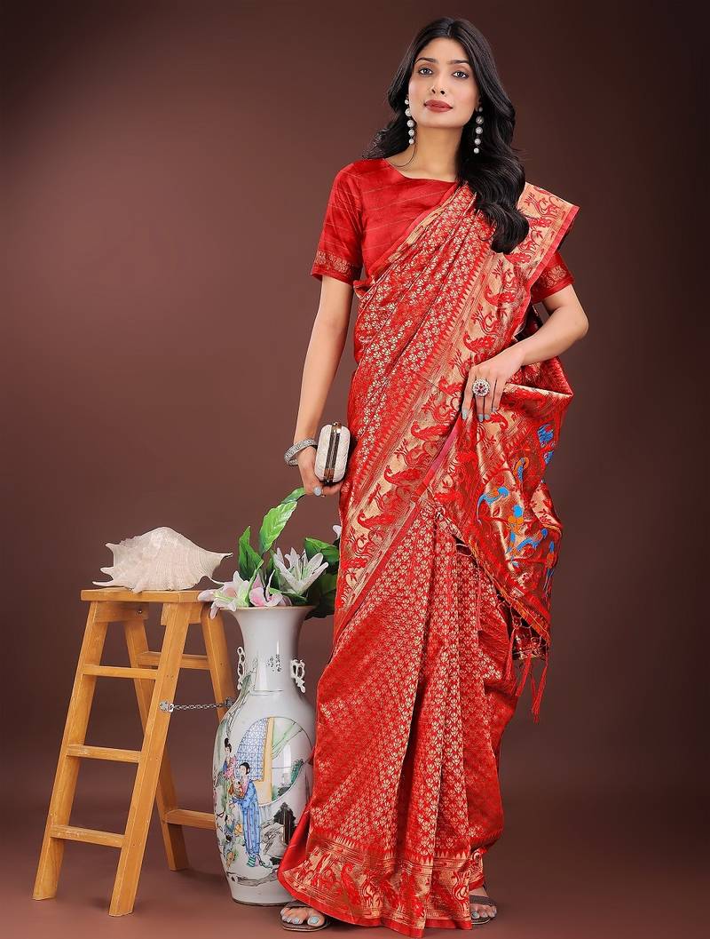 Red color woven work art silk  wedding saree