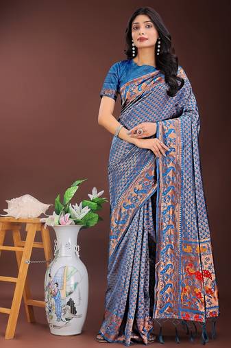 Blue color woven work art silk  wedding saree