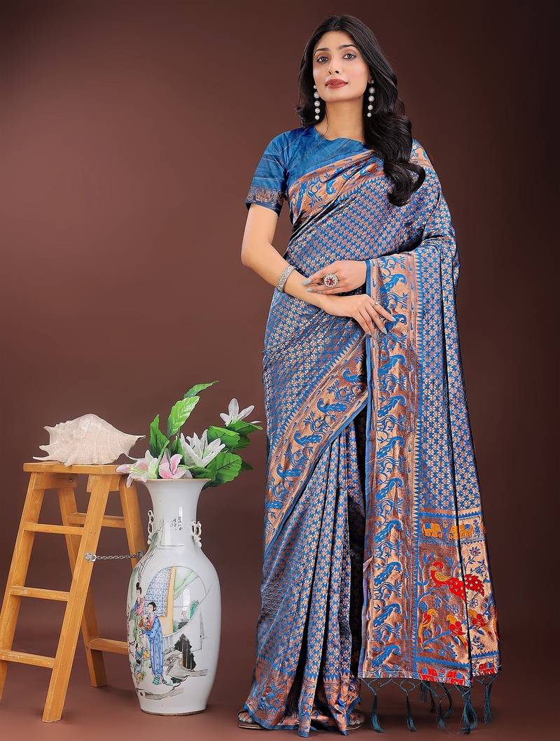 Blue color woven work art silk  wedding saree