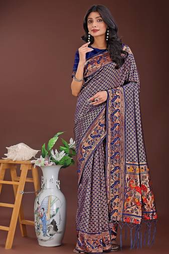 navy blue color woven work art silk  wedding saree