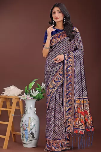navy blue color woven work art silk  wedding saree
