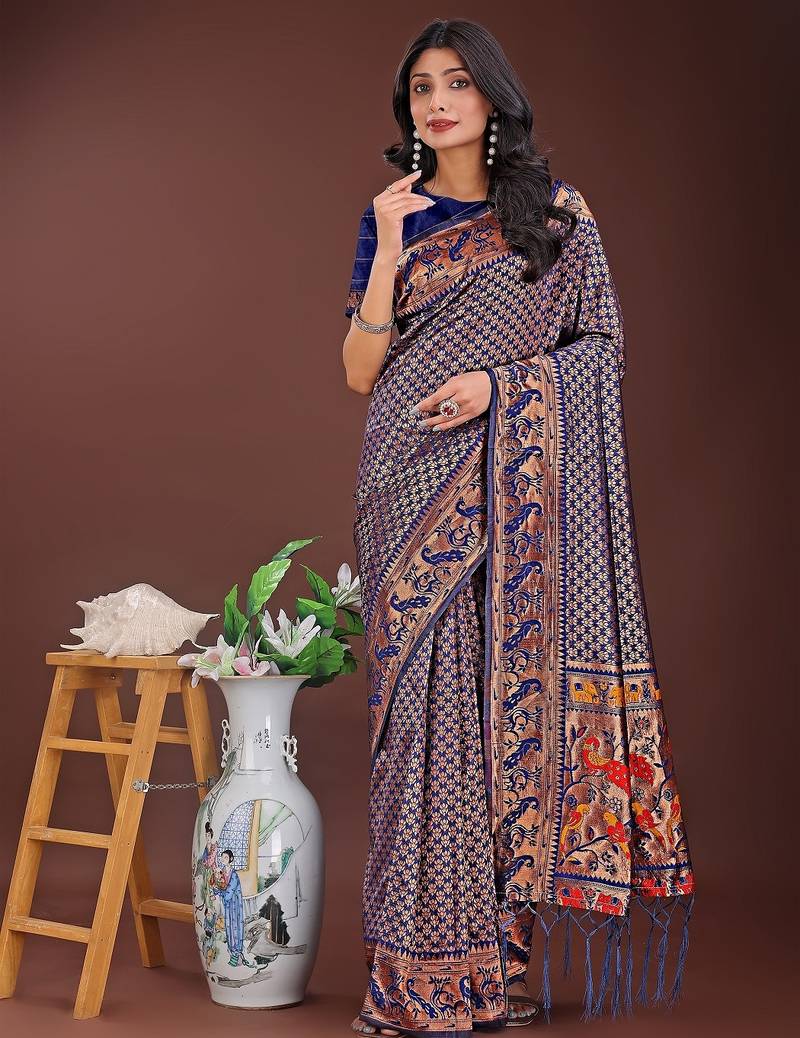 navy blue color woven work art silk  wedding saree