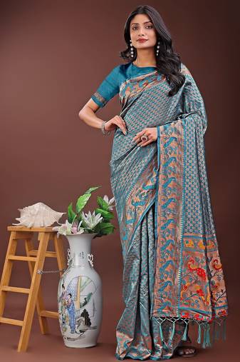 Blue color woven work art silk  wedding saree