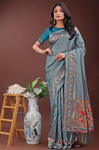 Blue color woven work art silk  wedding saree