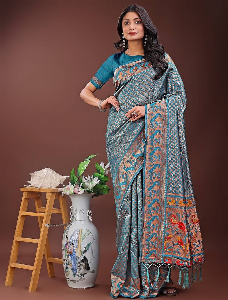 Blue color woven work art silk  wedding saree
