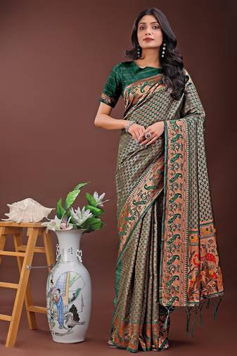 Green color woven work art silk  wedding saree