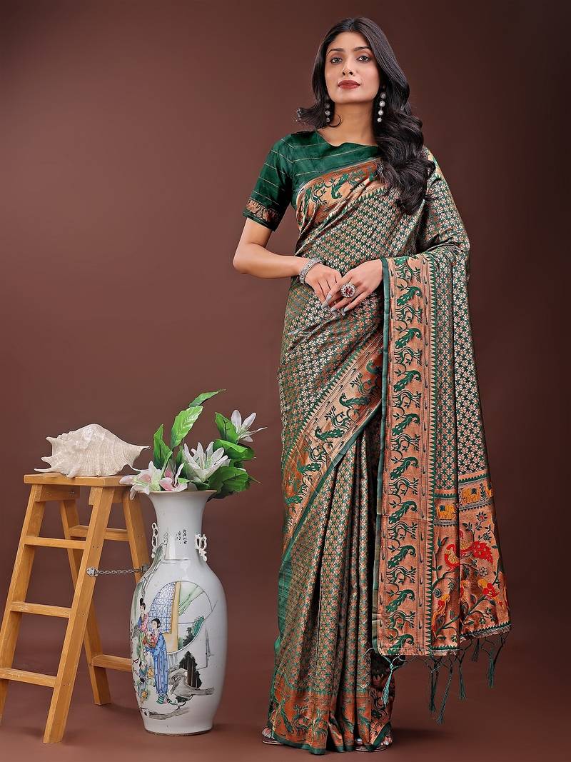 Green color woven work art silk  wedding saree