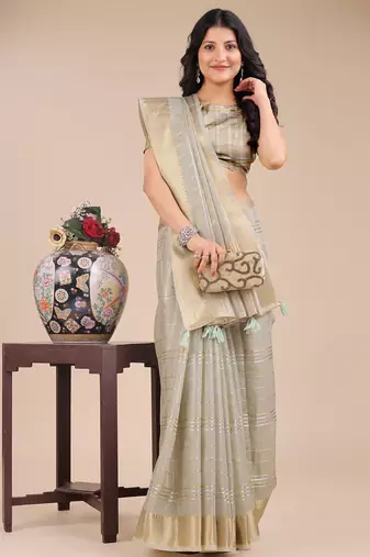 beige color checks solid zari border orgenza saree