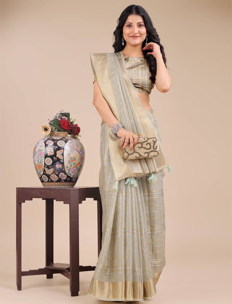 beige color checks solid zari border orgenza saree