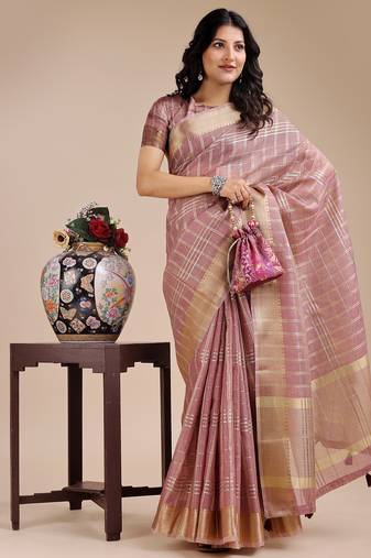 purple color checks solid zari border orgenza saree