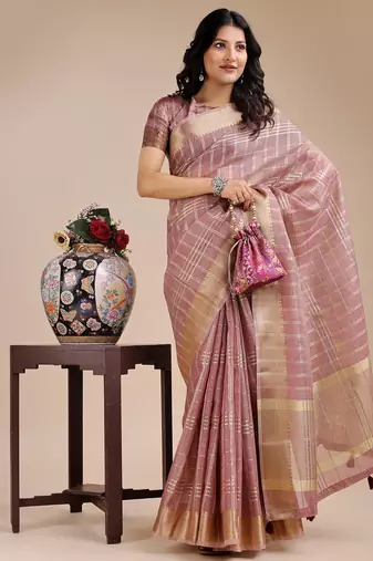 purple color checks solid zari border orgenza saree