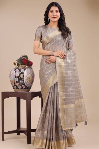 tan color checks solid zari border orgenza saree
