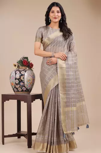 tan color checks solid zari border orgenza saree