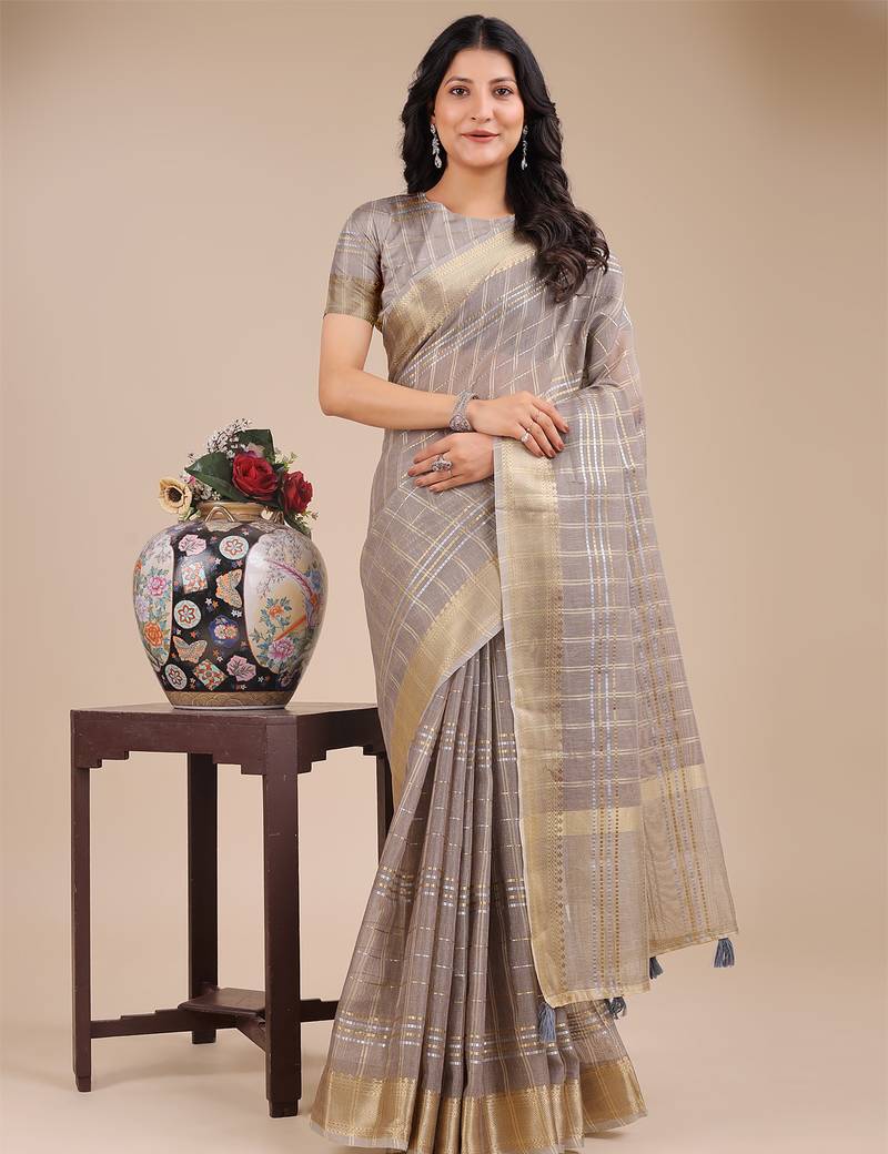 tan color checks solid zari border orgenza saree