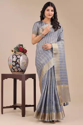 sky blue color checks solid zari border orgenza saree