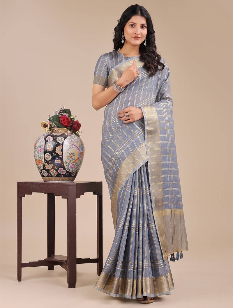 sky blue color checks solid zari border orgenza saree