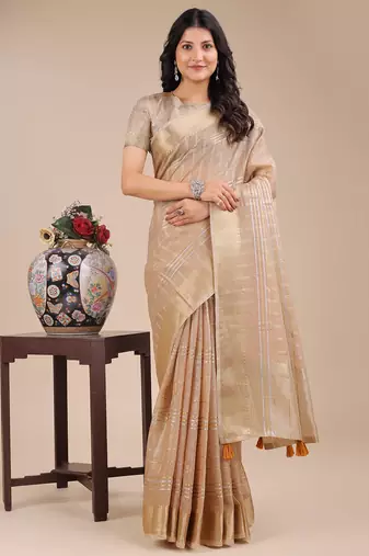 cream color checks solid zari border orgenza saree