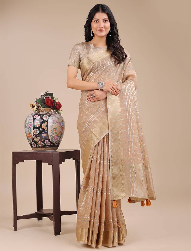 cream color checks solid zari border orgenza saree