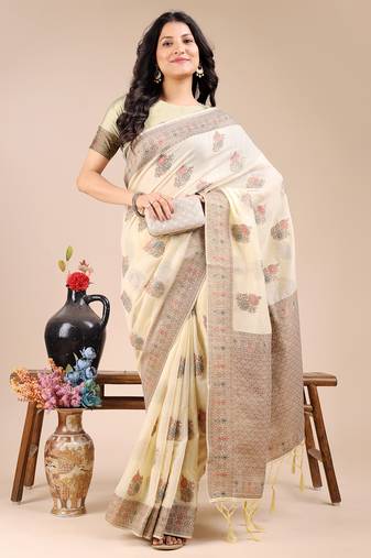 cream color woven work cotton saree