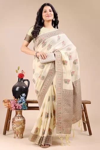 cream color woven work cotton saree