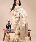cream color woven work cotton saree