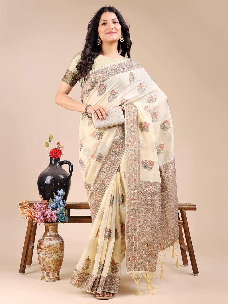cream color woven work cotton saree