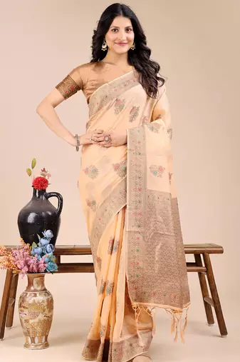 Yellow color woven work cotton saree