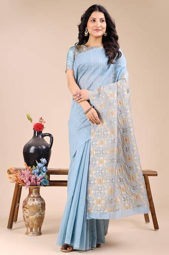 sky blue color woven work cotton saree