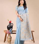 sky blue color woven work cotton saree