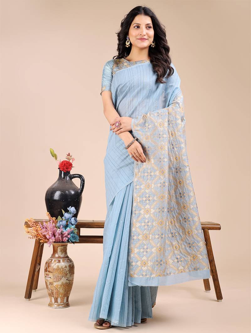 sky blue color woven work cotton saree
