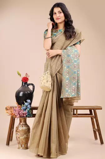 beige color woven work cotton saree
