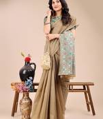 beige color woven work cotton saree