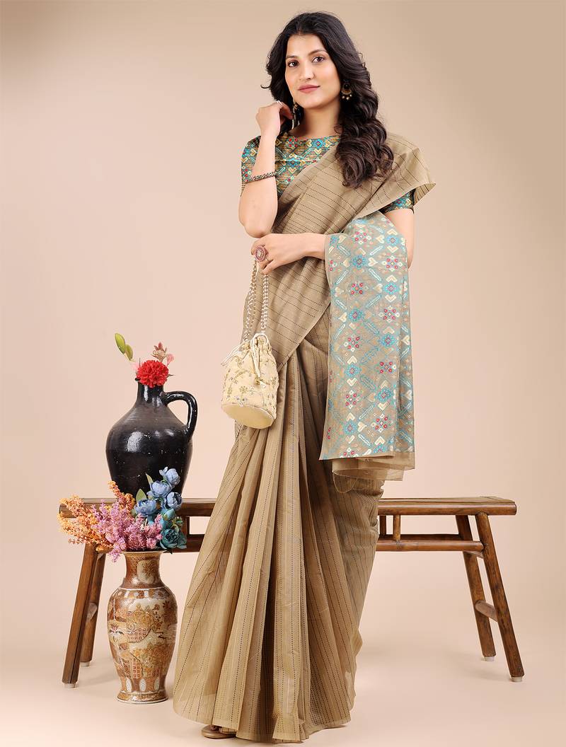beige color woven work cotton saree