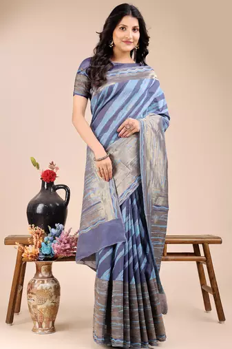 blue color woven work cotton saree