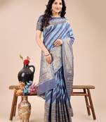 blue color woven work cotton saree