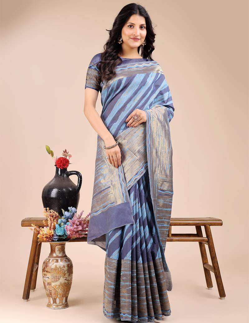 blue color woven work cotton saree