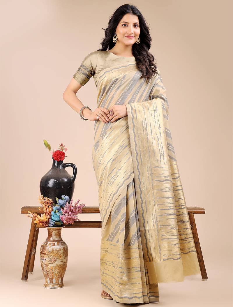 cream color woven work cotton saree